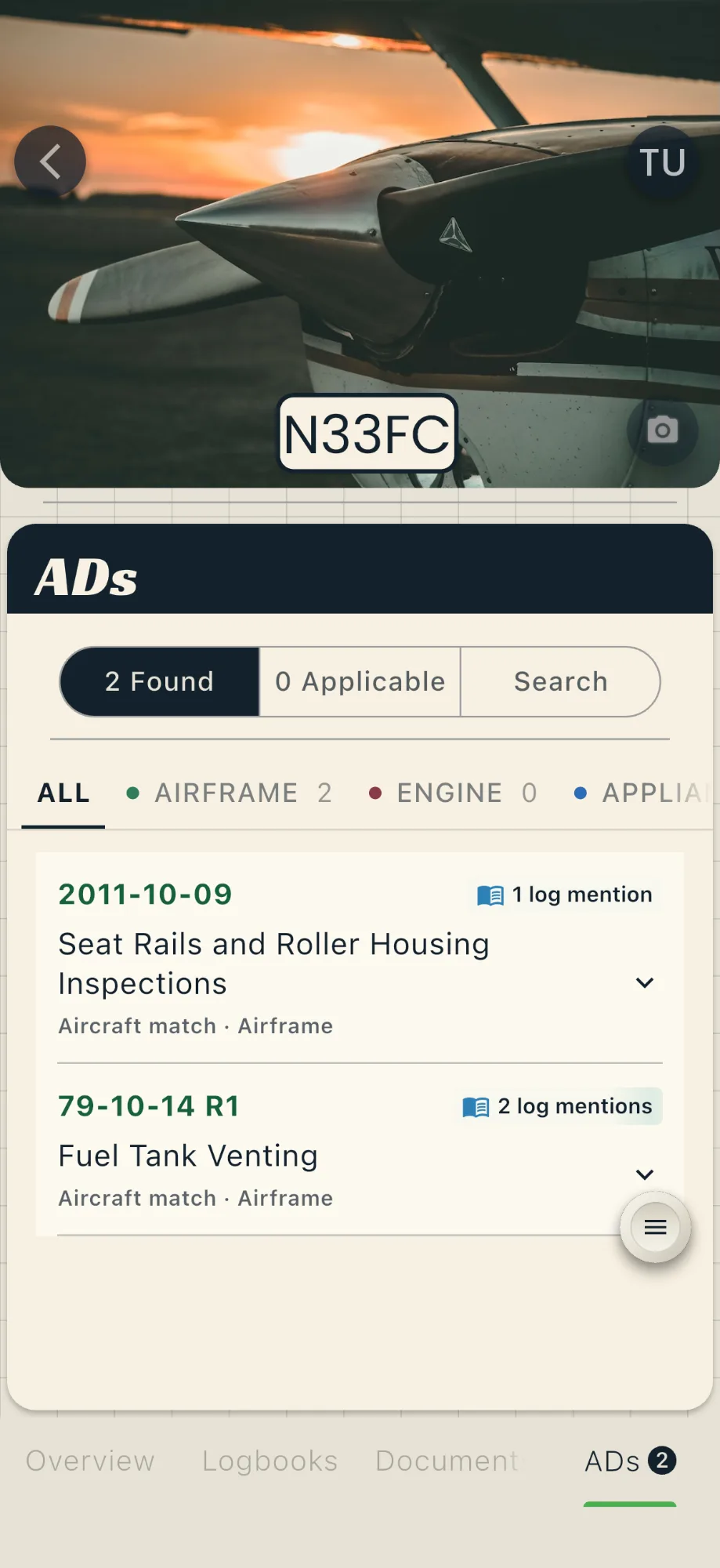 ADs screen for a test aircraft with Found, Applicable, and Search tabs, filters for airframe and engine, and two found ADs: 2011-10-09, Seat Rails and Roller Housing Inspections, with 1 log mention, and 79-10-14 R1, Fuel Tank Venting, with 2 log mentions. Both are marked Aircraft match, Airframe.