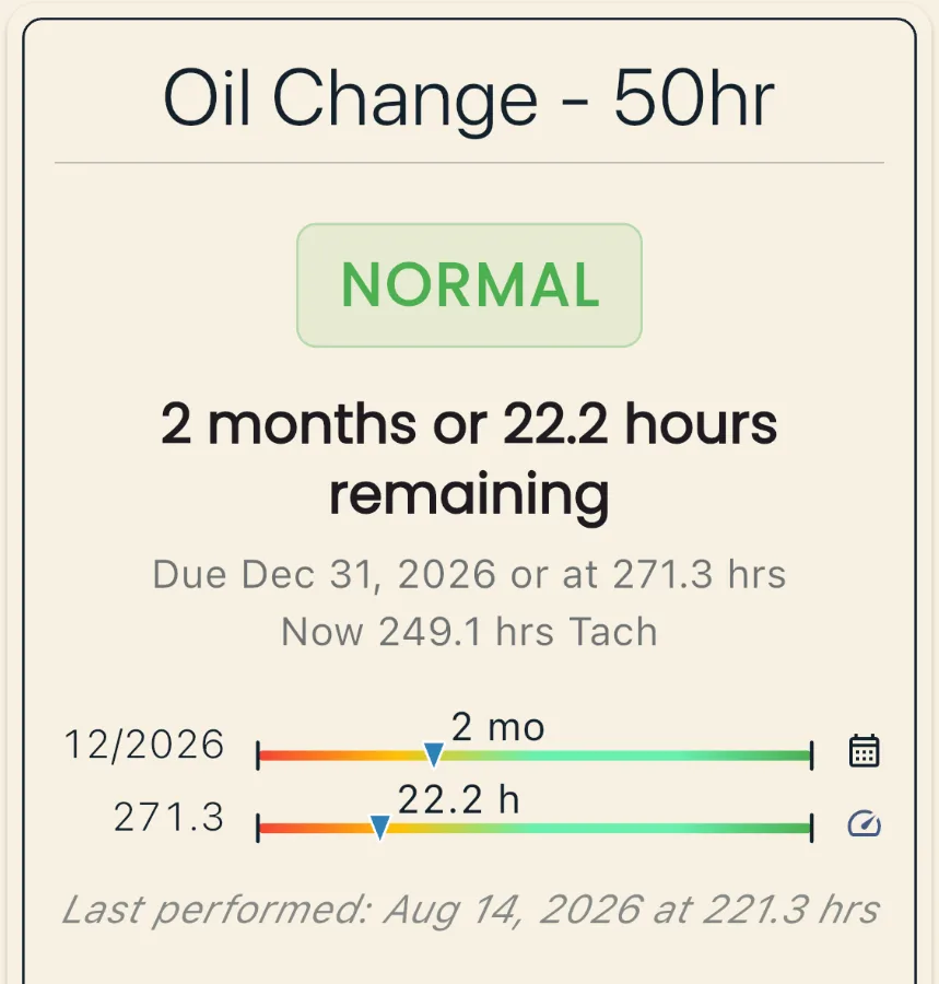 Alert detail for an oil change on a test aircraft: Normal, 2 months or 22.2 hours remaining, due Dec 31, 2026 or at 271.3 hours, with one bar for the date limit and one for the hours limit.