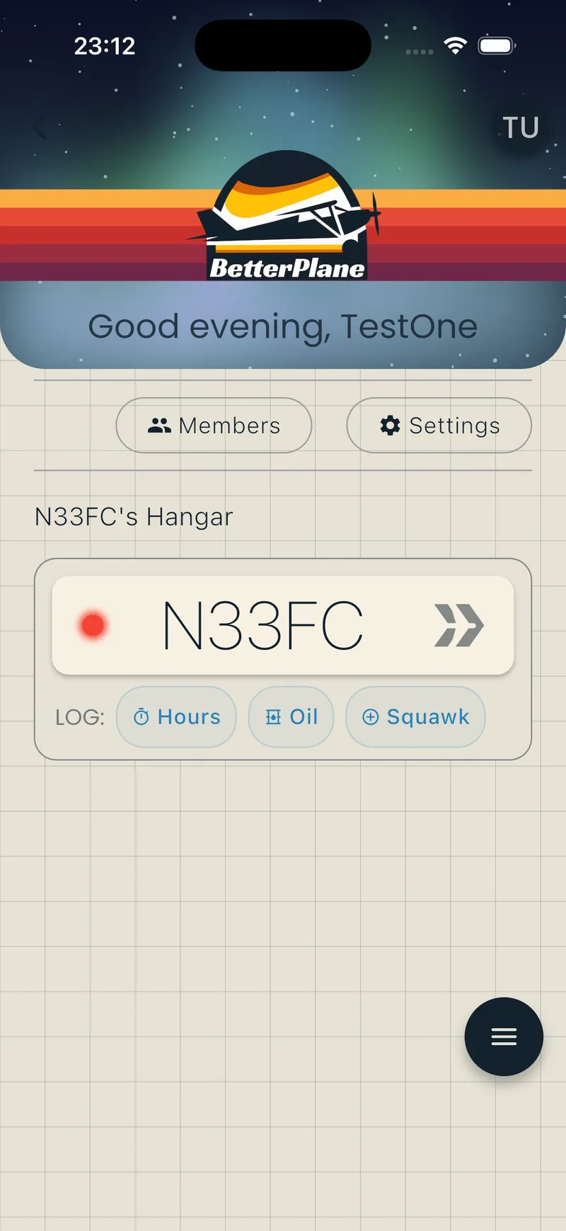 Hangar screen with Hours, Oil, and Squawk quick-action pills
