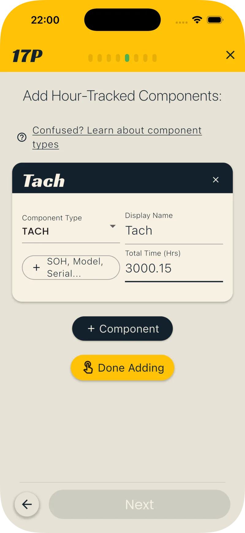 Components step with a Tach added, showing the type dropdown and total time field